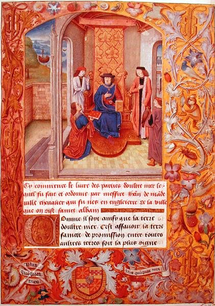 Ms 95 Fol.1 लेखक अपनी पुस्तक ड्यूक ऑफ बरगंडी को अडोल्फ़े डी क्लेव्स के आर्मोरियल्स से, 15वीं सदी की शुरुआत में (वेल्लम) भेंट करते हुए द्वारा फ्रेंच स्कूल