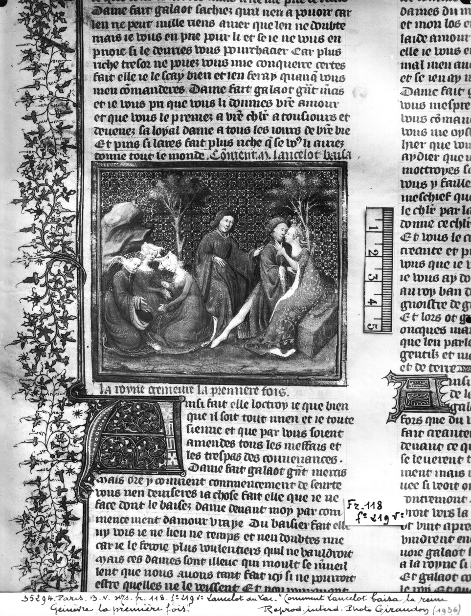 Ms Fr 118 fol.219v कैसे लांसलेट ने पहली बार लिव्रे डे मेसिर लैंसलेट डू लाक से गिनीव को चूमा। द्वारा फ्रेंच स्कूल