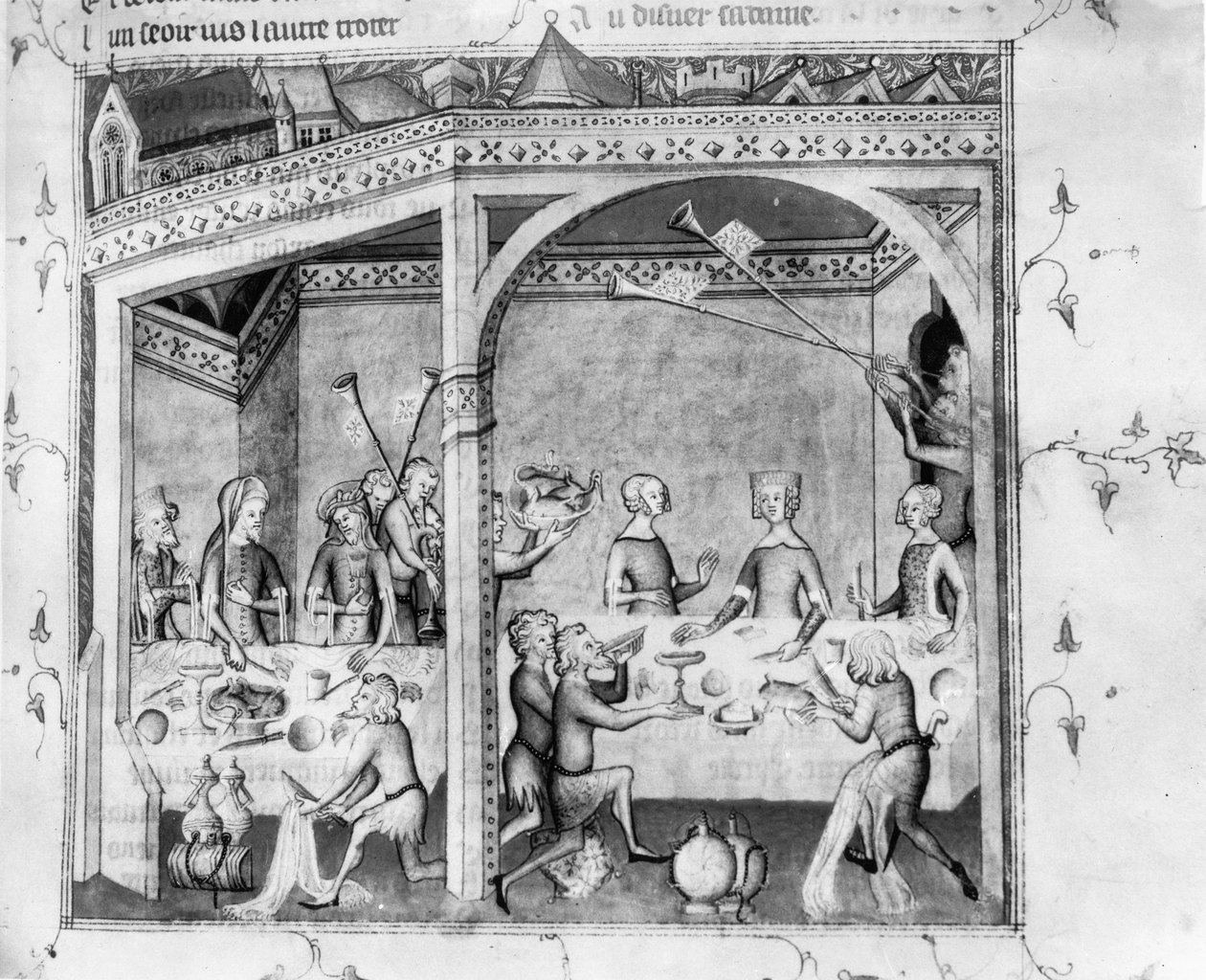 सुश्री एफआर 1584 संगीतकार एक भोज में मनोरंजक, c.1370 (पांडुलिपि) द्वारा फ्रेंच स्कूल