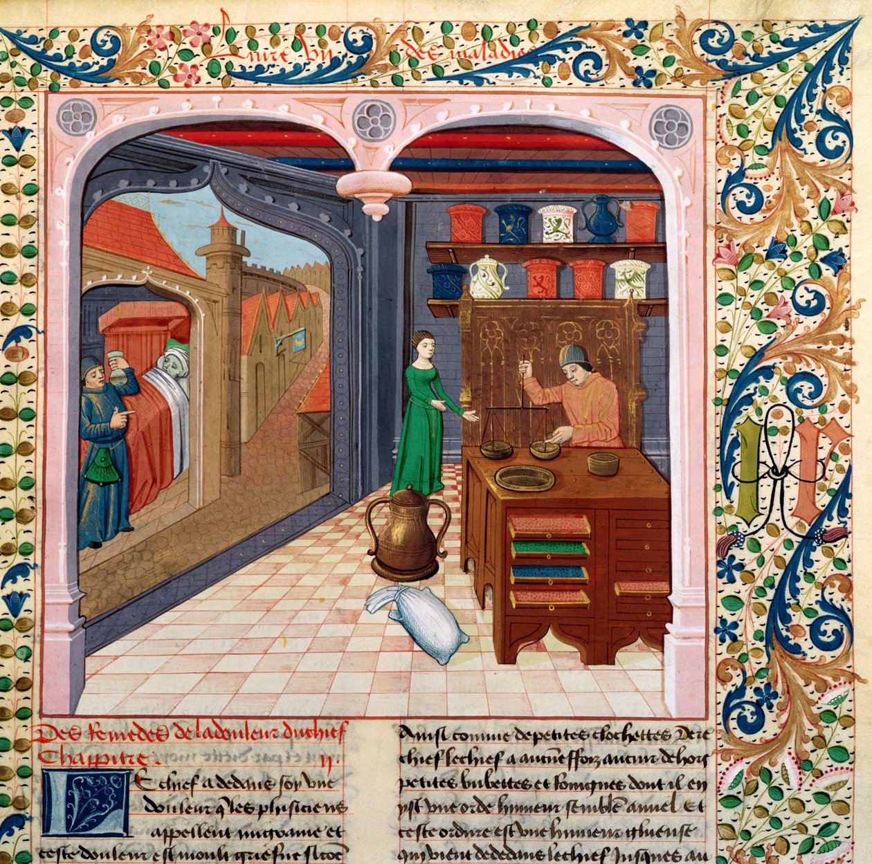 Ms Fr 218 fol.111 एक मरीज अपने बिस्तर में और एक एपोथेकरी तैयार करने वाली दवाई, द बुक ऑफ प्रॉपर्टीज़ ऑफ़ प्रॉपर्टीज़ ऑफ़ बर्थेलेमी लैंसन द्वारा फ्रेंच स्कूल