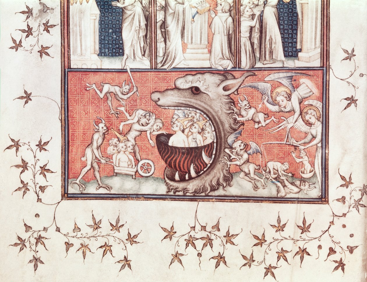 सेंट ऑगस्टीन (354-430) द्वारा 'द सिटी ऑफ गॉड' से सुश्री Fr 22912 Fol.2v डिटेल ऑफ हेल, राउल डी प्रेस्ल्स द्वारा अनुवादित (1316-82) c.1400-50 (वेल्लम) द्वारा फ्रेंच स्कूल