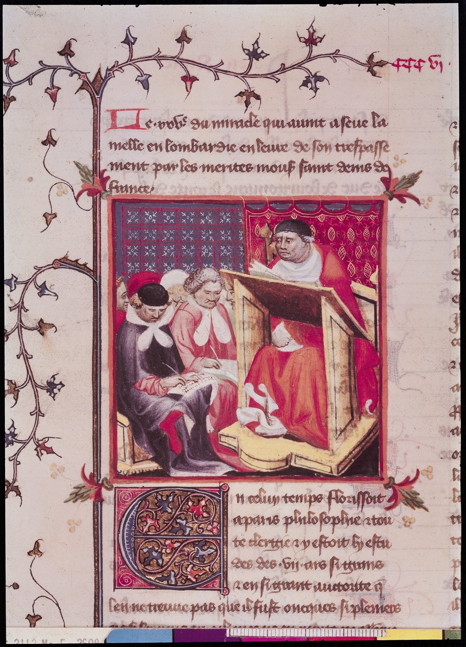सुश्री फ्र 2608 Fol.295v पेरिस विश्वविद्यालय में एक प्रोफेसर, ग्रैंड क्रोनिक्स डे फ्रांस से, c.1400 द्वारा फ्रेंच स्कूल