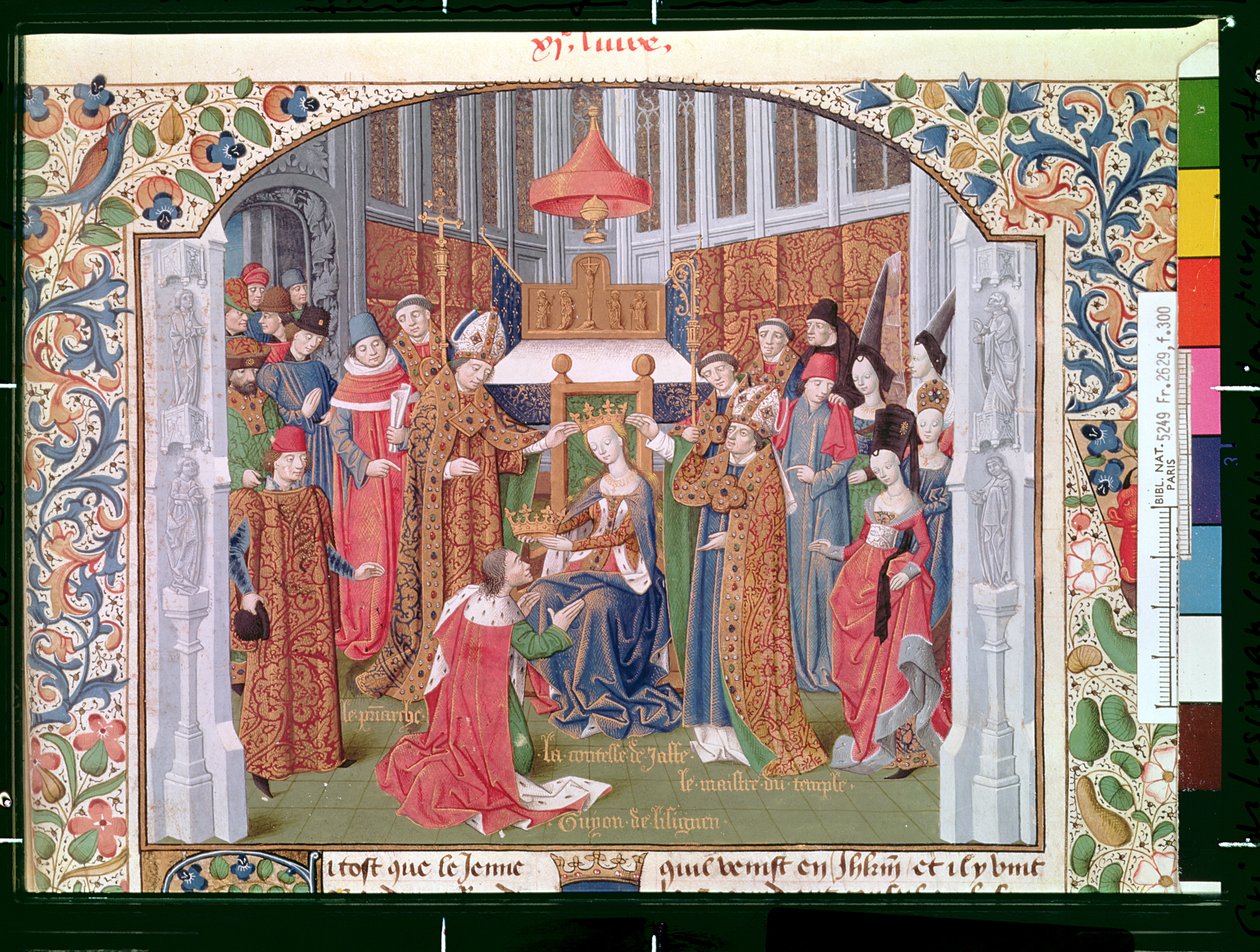 Ms Fr 2629 fol.300 विलियम ऑफ टायर (c.1130-85) c.1470 द्वारा Histoire de la conquete de यरूशलम से लसिगनान (d.1194) का ताज (ग ..1136-88) की गिनती द्वारा फ्रेंच स्कूल