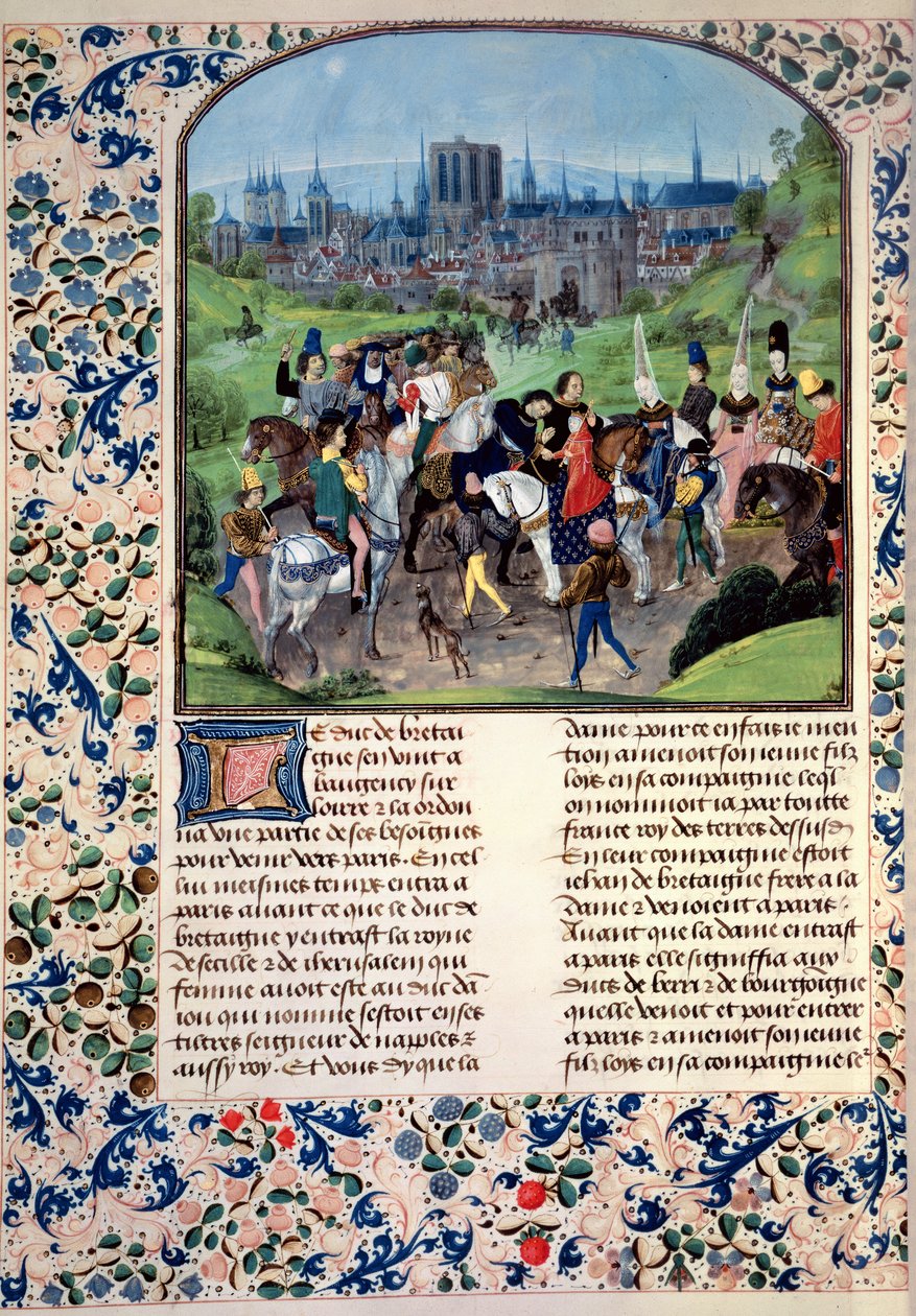 सुश्री Fr 2645 fol.321v फ्रिसर्ट्स क्रॉनिकल से अंजु के युवा लुई II का पेरिस में प्रवेश द्वारा फ्रेंच स्कूल