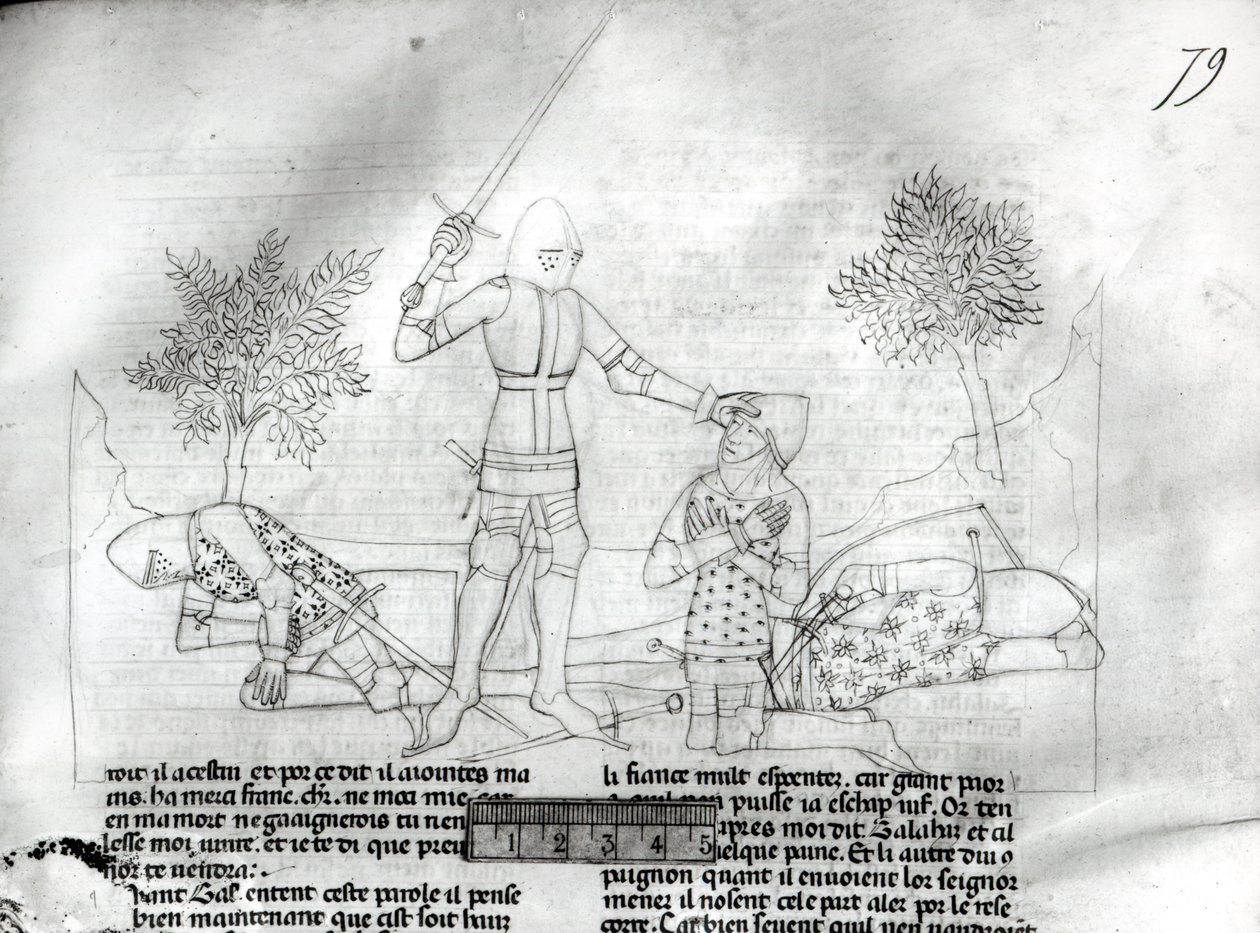 Ms Fr 343 f.79 लैंसलेट डू लाक से युद्ध के मैदान में एक शूरवीर द्वारा फ्रेंच स्कूल