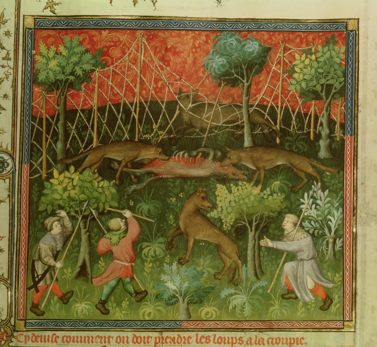 सुश्री फ्र 616 फॉ .1111 वुल्फ ने नेट की सहायता से गैस्ट्रॉन फेबस डी फिक्स (1331-91) द्वारा लिवर डे ला चेज़ से शिकार किया। द्वारा फ्रेंच स्कूल