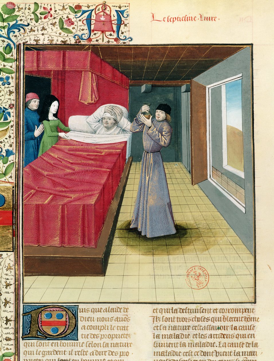 सुश्री फ्र 9140 fol.120v एक चिकित्सक ने बारहेलेमी इंग्लिश, 1480 द्वारा प्रॉपर्टी बुक थिंग्स से एक मूत्र विश्लेषण किया द्वारा फ्रेंच स्कूल