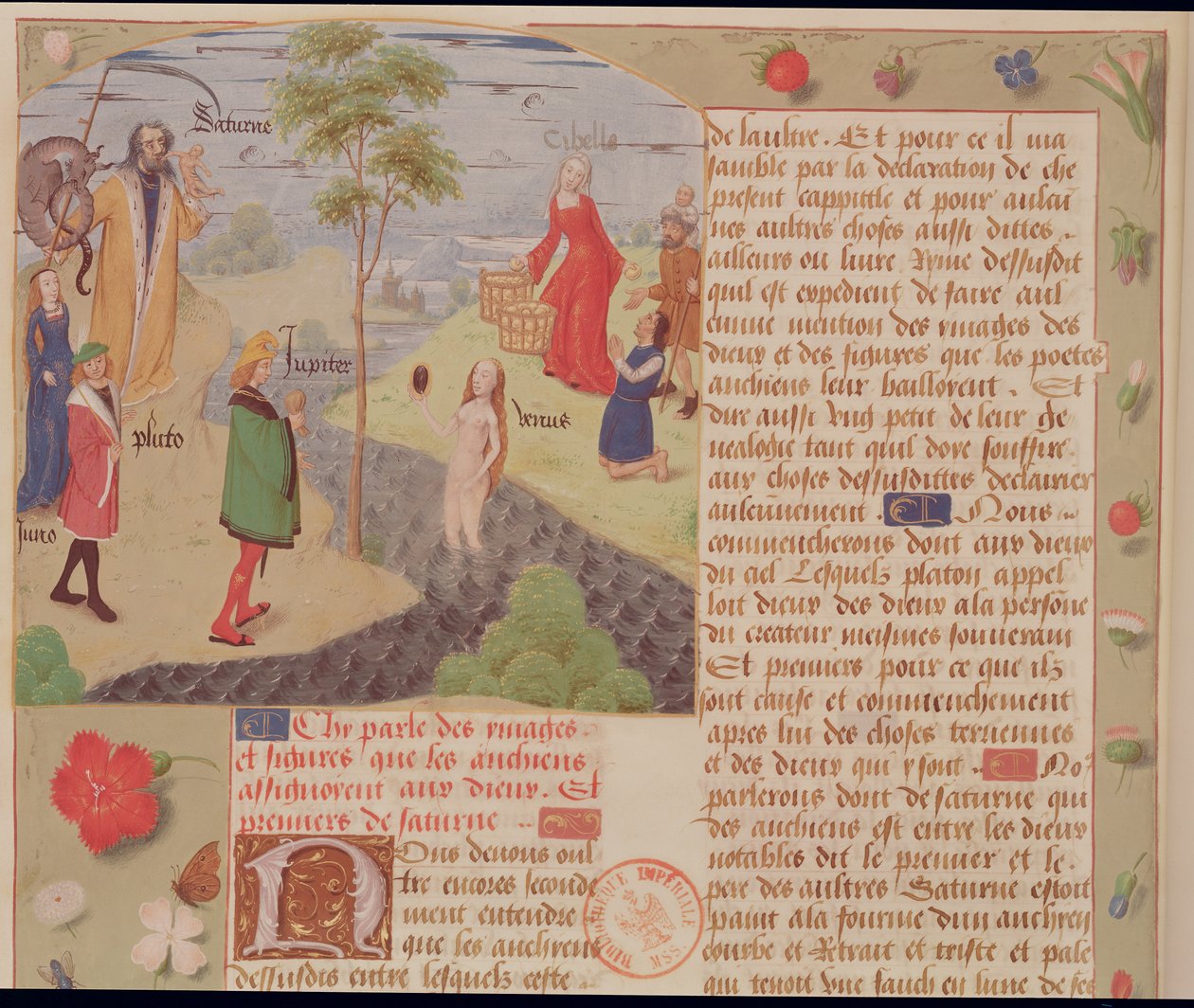 Ms Fr 9197 Fol.157 ओलंपस सैटर्न, प्लूटो, जूनो, वीनस, ज्यूपिटर और साइबेले के साथ, लिवर डे एसचेक्स डामोर द्वारा फ्रेंच स्कूल