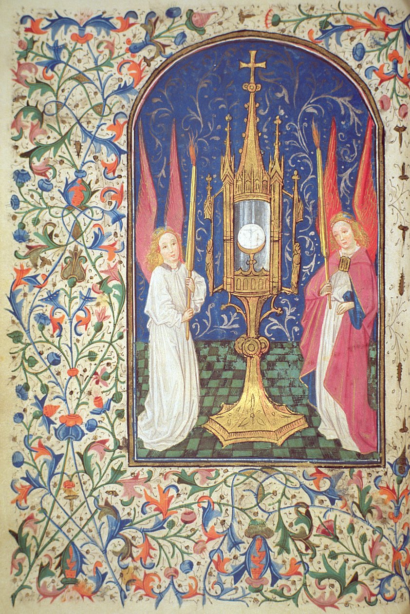सुश्री जनरल 288 f.38v पवित्र संस्कार और दो स्वर्गदूतों, c.1460 द्वारा फ्रेंच स्कूल