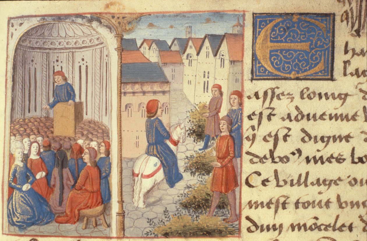 सुश्री हंटर 252 f.183r एक व्याख्यान और सड़कों पर दौड़ने की भीड़, लेस सेंट नोवेल्स नौवेल्स, 1462 द्वारा फ्रेंच स्कूल