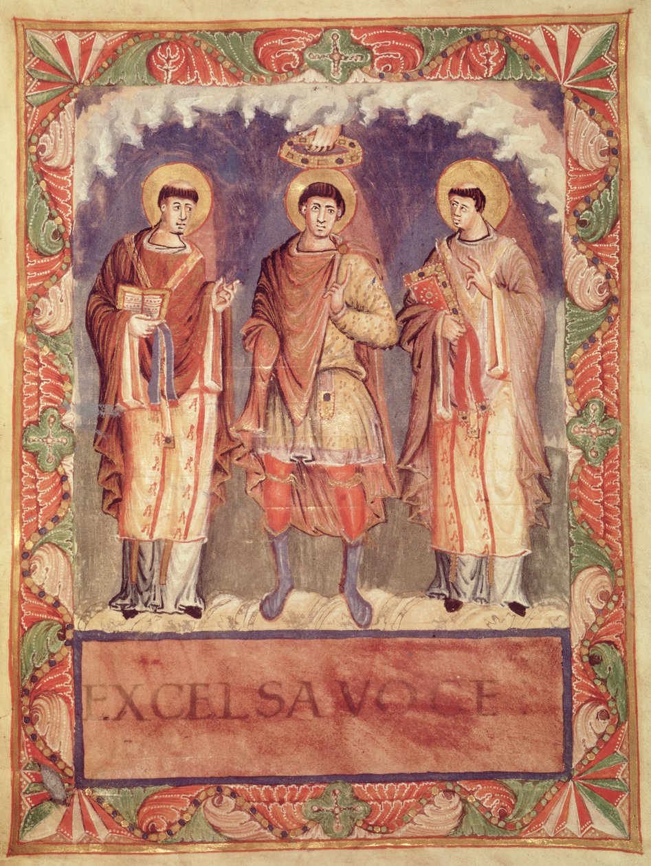 सुश्री लैट 1141 fol.2v द रिक्वेस्ट ऑफ चार्ल्स II (823-877) द रिचेस एंड ट्रेव्स के आर्कबिशप के साथ, सैक्रेमेनेर डी मेट्ज़ (159999 में भी देखें) द्वारा फ्रेंच स्कूल