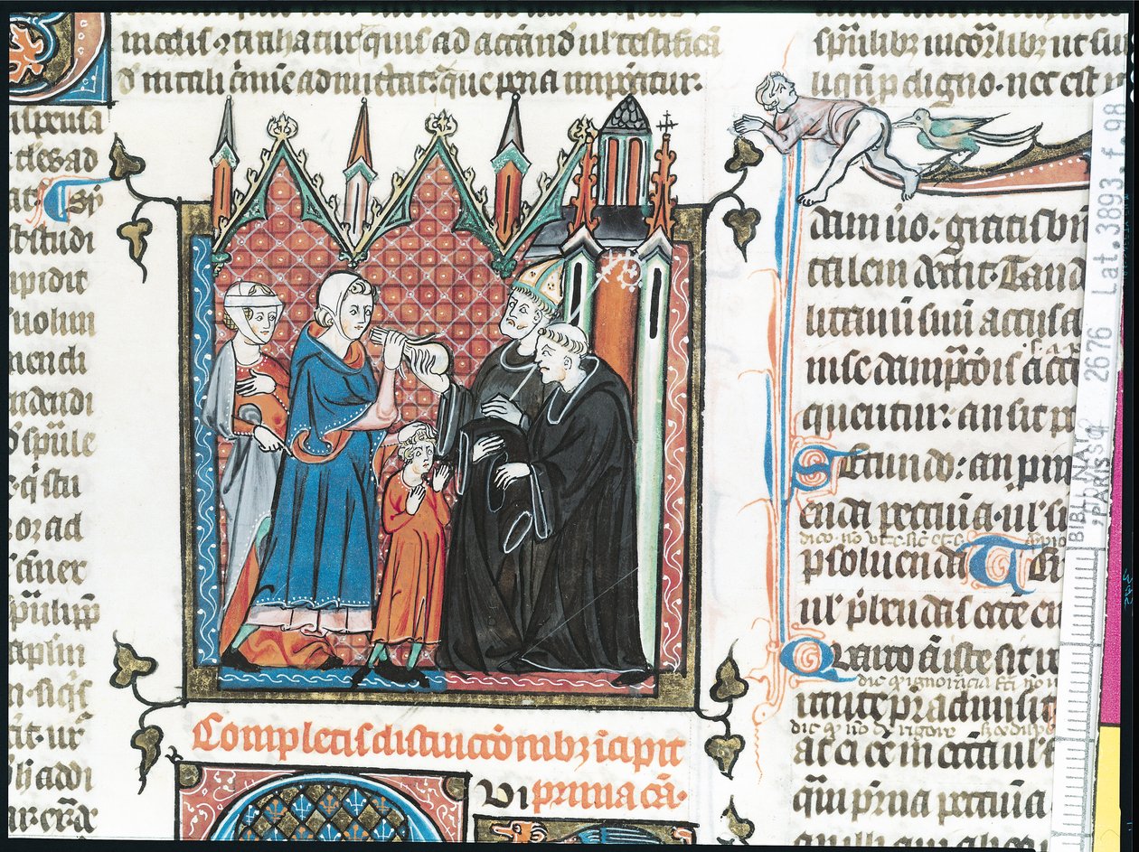 Ms Lat 3893 Fol.98 माता-पिता अपने बेटे को एब्बी, 1314 में लेने के लिए एक बिशप पैसे की पेशकश करते हैं द्वारा फ्रेंच स्कूल