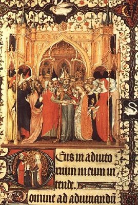 Ms Lat 919 fol.37 द मैरिज ऑफ द वर्जिन, फ्रॉम द ग्रैंड्स हेरेस डी डक डी बेरी द्वारा फ्रेंच स्कूल