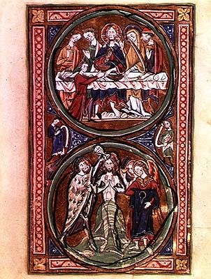 Ms n/a Lat 1392 Fol.3 काना में शादी की दावत और मसीह का बपतिस्मा, 'सौटियर ए ल'यूसेज डे पेरिस' (वेल्लम) से विवरण द्वारा फ्रेंच स्कूल