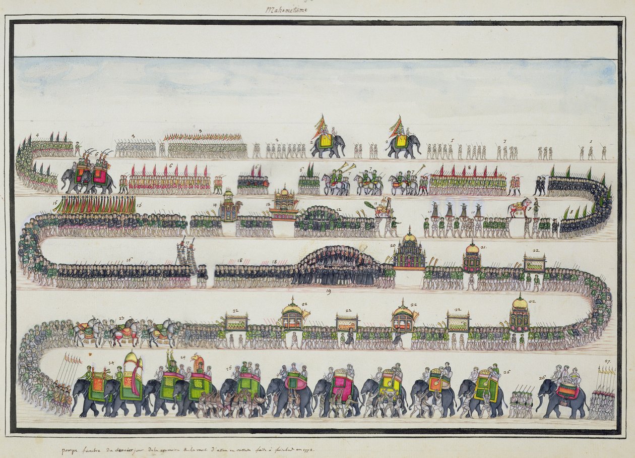 मुहर्रम समारोह, फैजाबाद, 1772 में द जेंटिल एल्बम से, 1774 में प्रकाशित द्वारा फ्रेंच स्कूल
