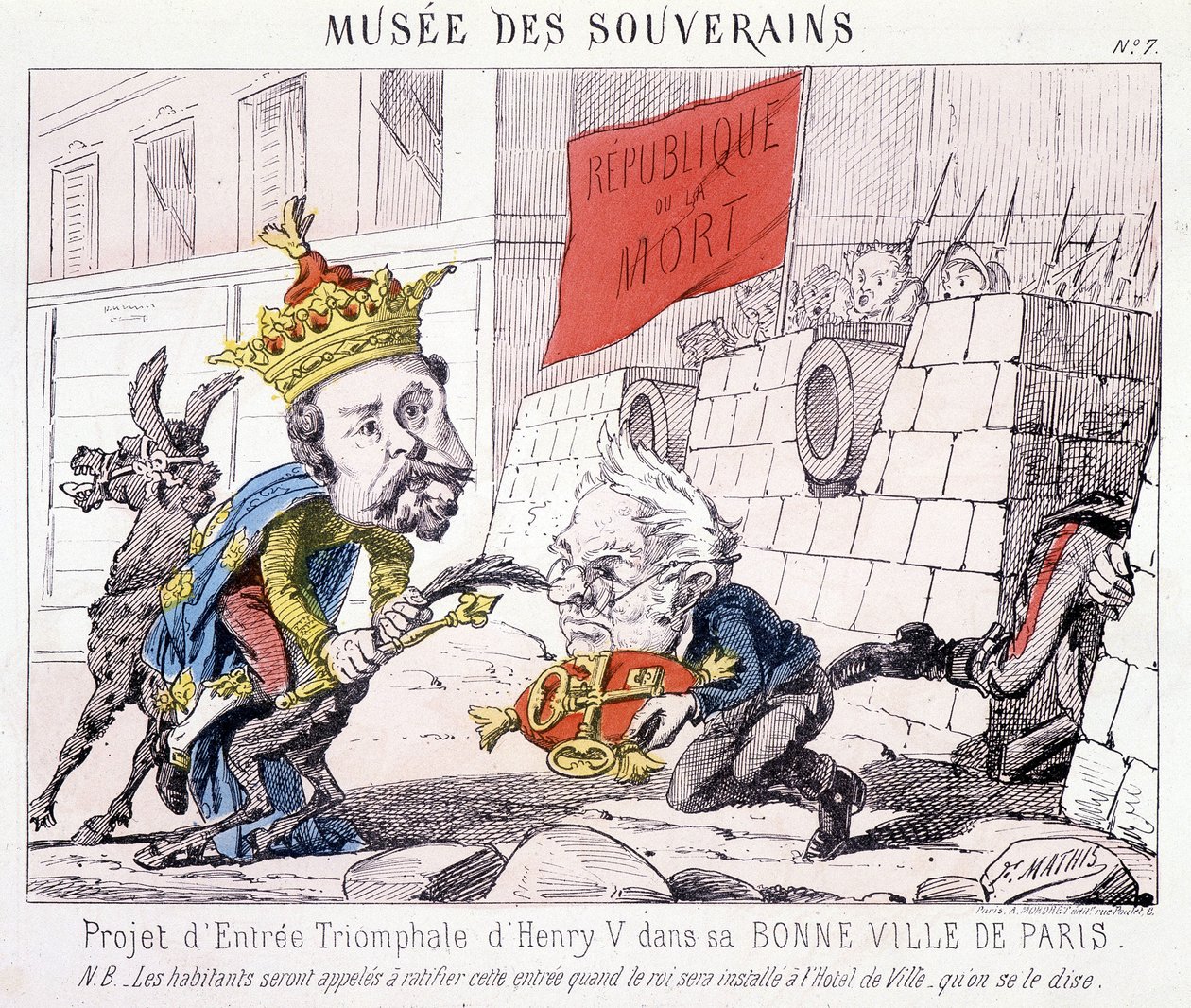 Musée des Souverains - हेनरी वी के अपने अच्छे शहर पेरिस में विजयी प्रवेश के लिए परियोजना (थियर्स ने उन्हें "रिपब्लिक ओ ला मोर्ट" लिखे ध्वज को चलाने वाले नागरिकों द्वारा बचाव की गई पेरिस की चाबियां सौंपी)। द्वारा फ्रेंच स्कूल