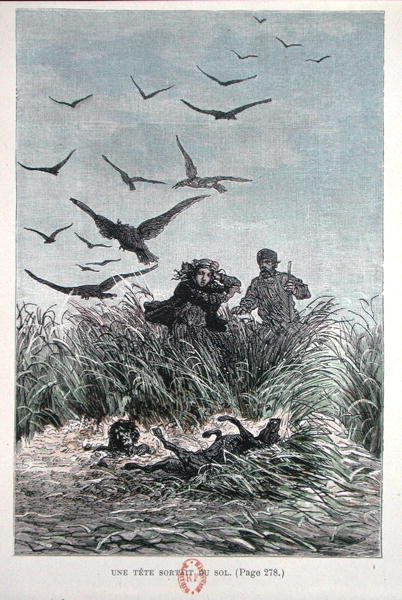 जूल्स वर्ने (1828-1905) 1893 (कलर लिथो) द्वारा 'मिशेल स्ट्रोगॉफ़' से नादिया और मिशेल स्ट्रोगॉफ़ द्वारा फ्रेंच स्कूल