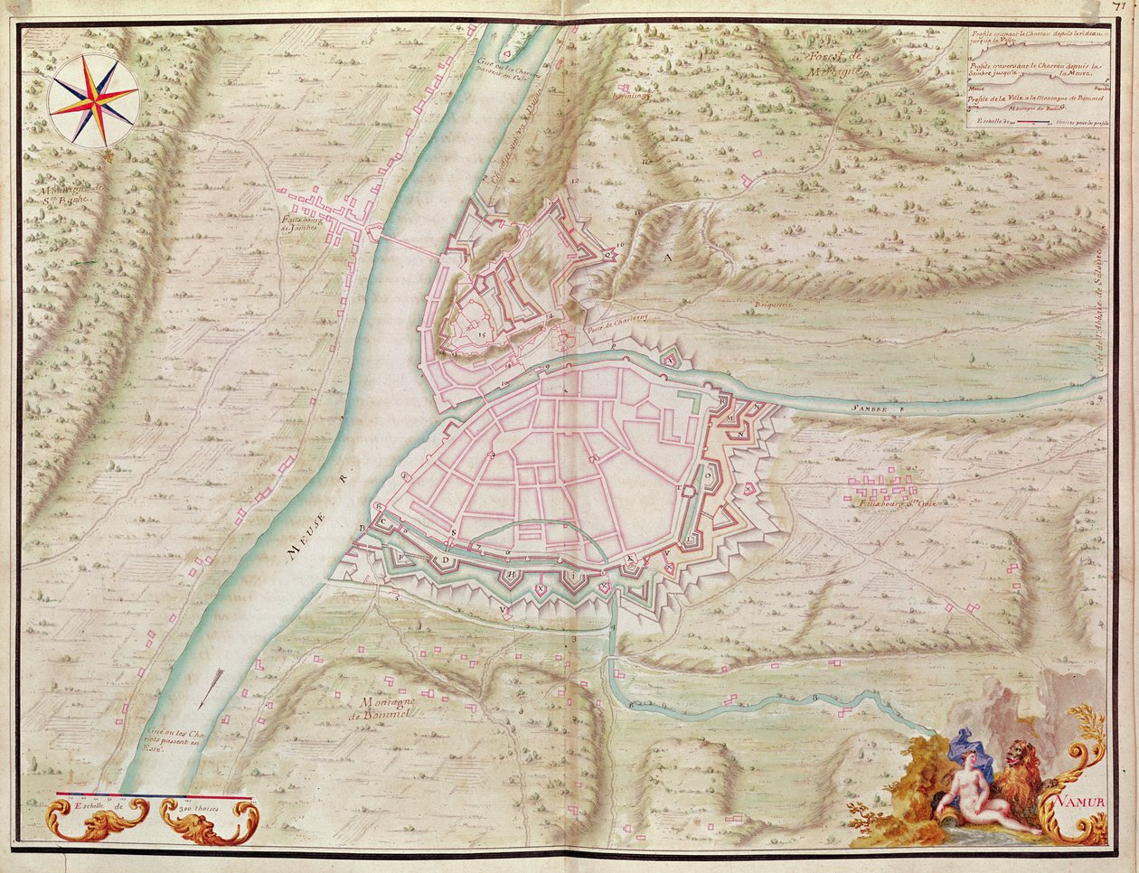 एटलस डे लुईस XIV से नामुर और आसपास का क्षेत्र। प्लान डेस एट्रेंजर, 1665 (पेन, इंक और वॉश) द्वारा फ्रेंच स्कूल