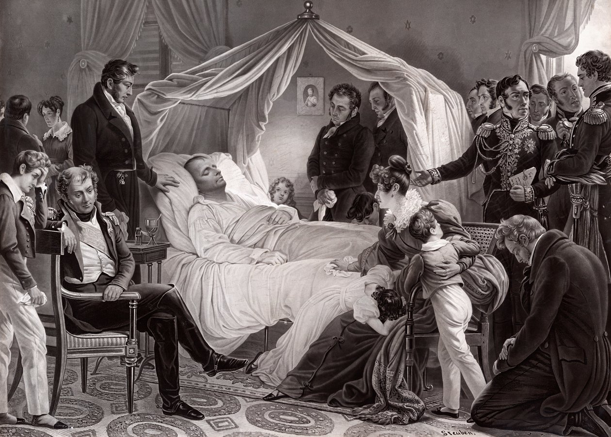चार्ल्स डे स्टुबेन की एक पेंटिंग के बाद 5 मई, 1821 को सेंट हेलेना में नेपोलियन I अपनी मृत्यु शैय्या पर द्वारा फ्रेंच स्कूल