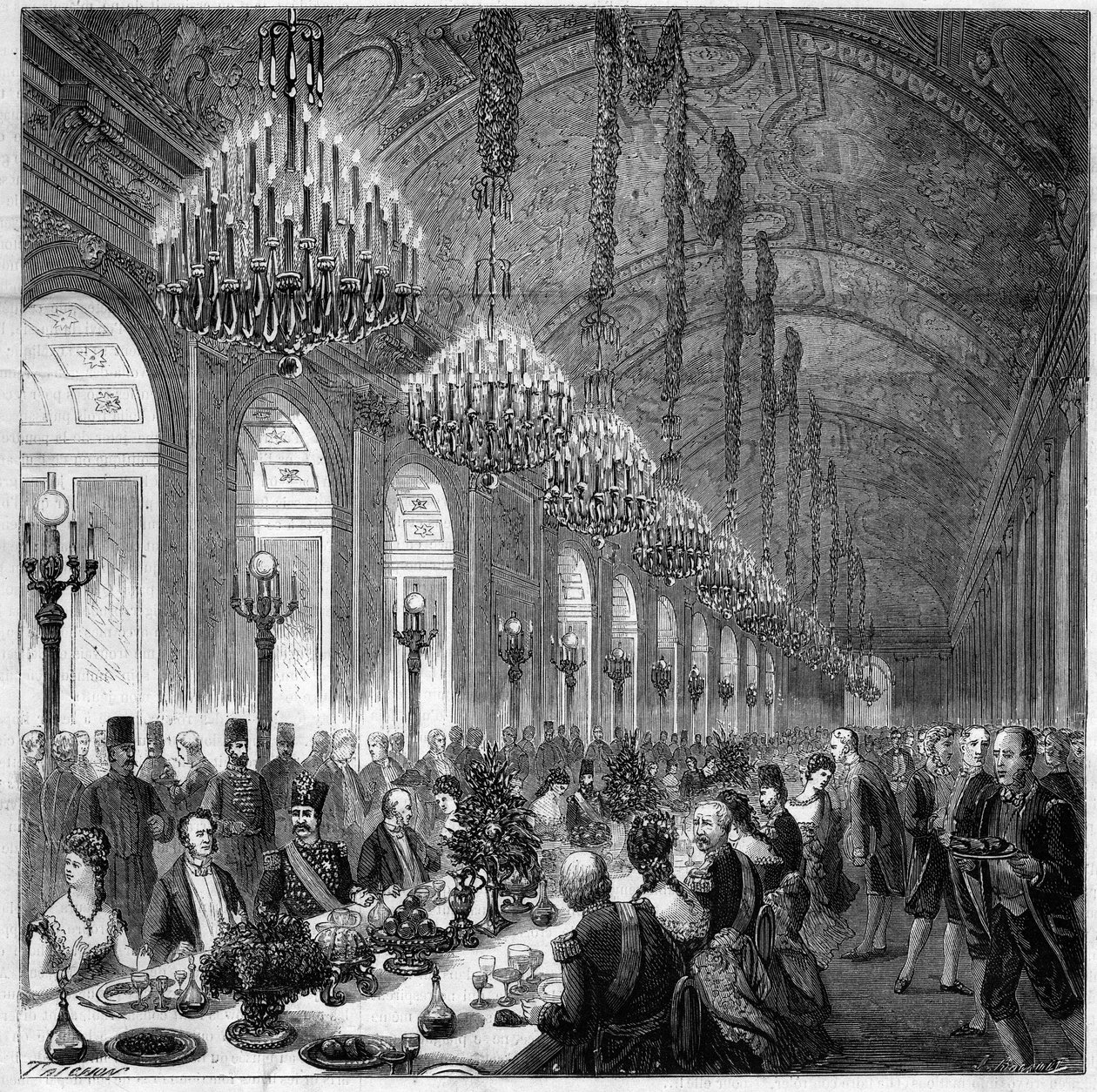 नासिर अल-दीन (नासिर अल-दीन) (1831-1896) शाह फारस से वर्साय तक। आइस गैलरी में भोज। उनके बाएं अल्बर्ट, ड्यूक ऑफ ब्रोगली (1821-1901)। द्वारा फ्रेंच स्कूल