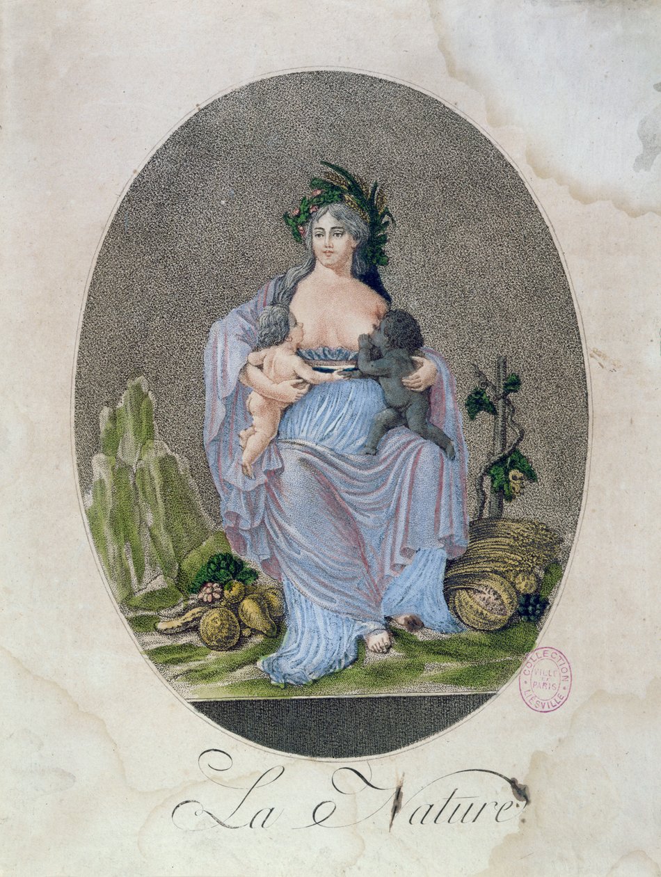 एक काले बच्चे और एक सफेद बच्चे को स्तनपान कराने वाली प्रकृति, c.1792 द्वारा फ्रेंच स्कूल