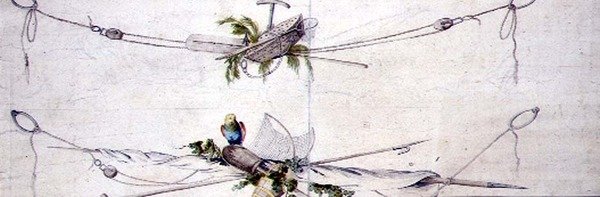 तोते के साथ समुद्री कार्टूचे डिजाइन, c.1800 (कागज पर पानी के रंग का) द्वारा फ्रेंच स्कूल