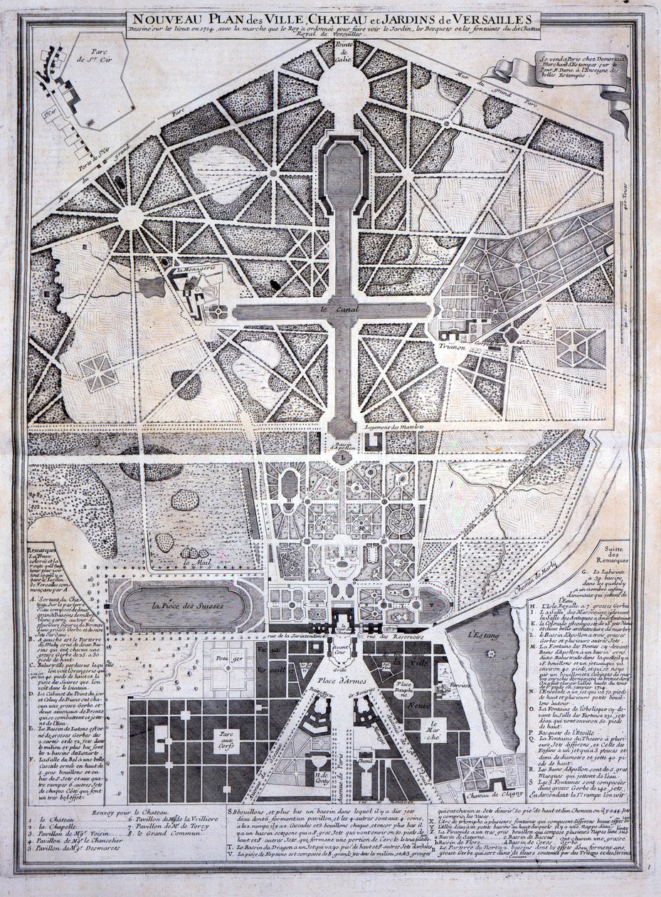 वर्साइल में टाउन, कैसल एंड गार्डन्स की नई योजना, 1714, द प्लेन्स, प्रोफाइल एंड द एविएशन ऑफ द टाउन एंड वर्से ऑफ वर्सेल्स, सी .177 प्रकाशित द्वारा फ्रेंच स्कूल