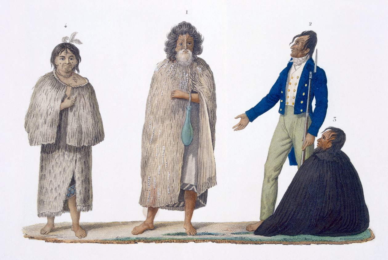 स्वदेशी और पश्चिमी पोशाक में न्यूजीलैंड मूल निवासी, 1826 द्वारा फ्रेंच स्कूल