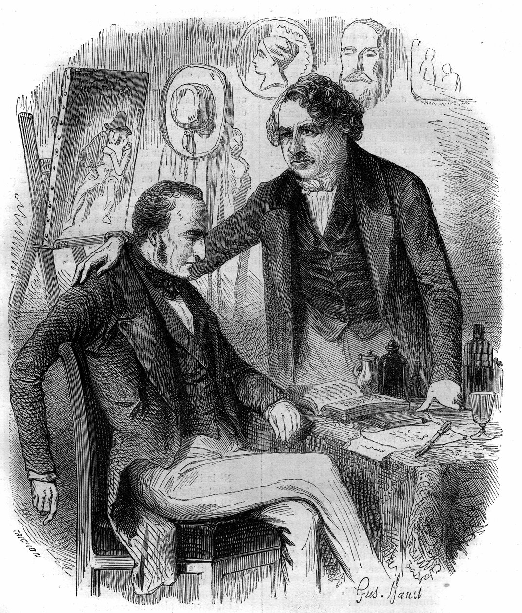 नीसफोर नीप्स (1765-1833) और लुई डागुएरे (1787-1851), फ्रांसीसी आविष्कारक, फोटोग्राफी के अग्रदूत। 1852 से उत्कीर्णन। द्वारा फ्रेंच स्कूल