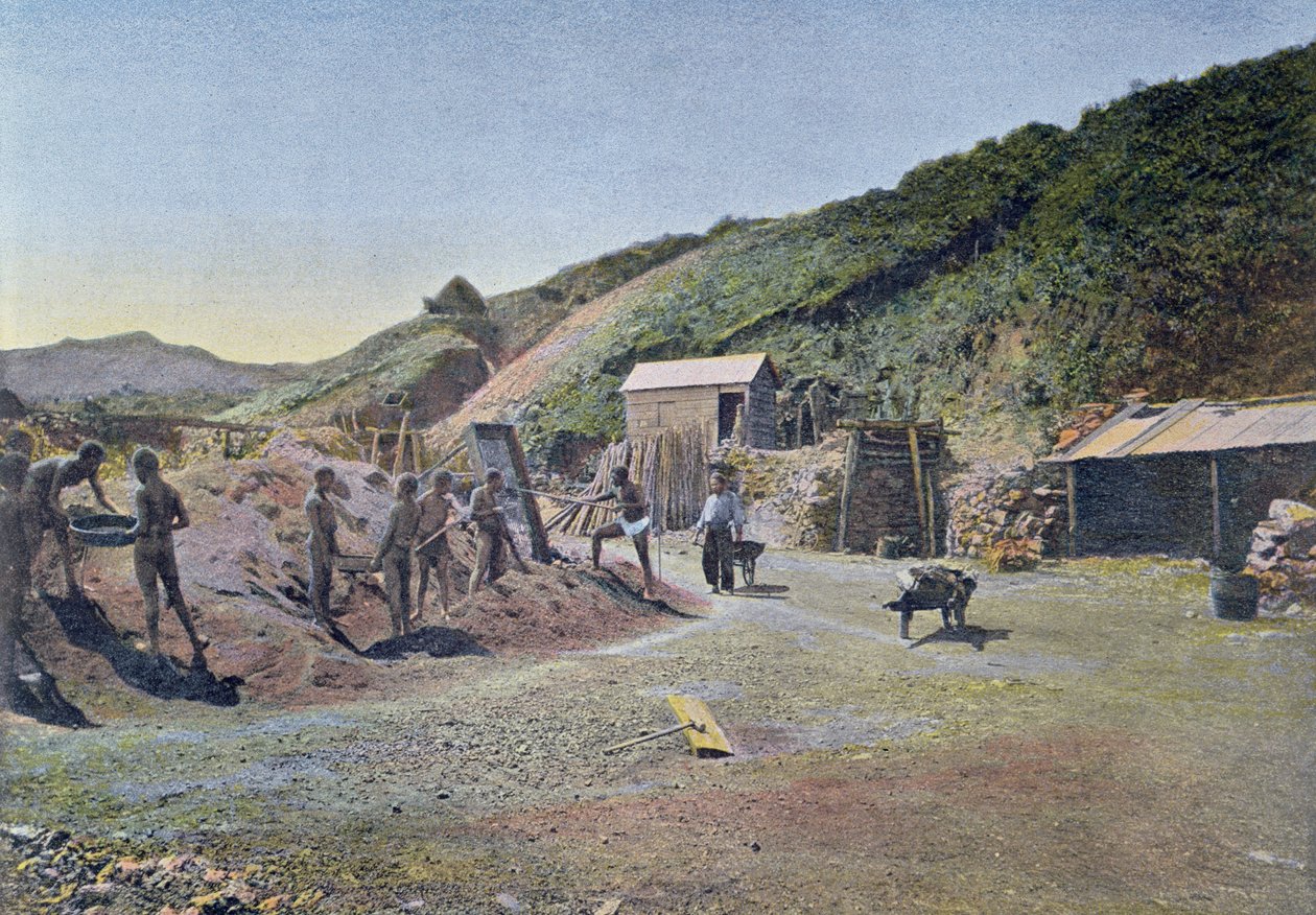 न्यू कैलेडोनिया के ईस्ट कोस्ट पर निकेल माइन्स, गिलोट द्वारा उत्कीर्ण, c.1900 द्वारा फ्रेंच स्कूल