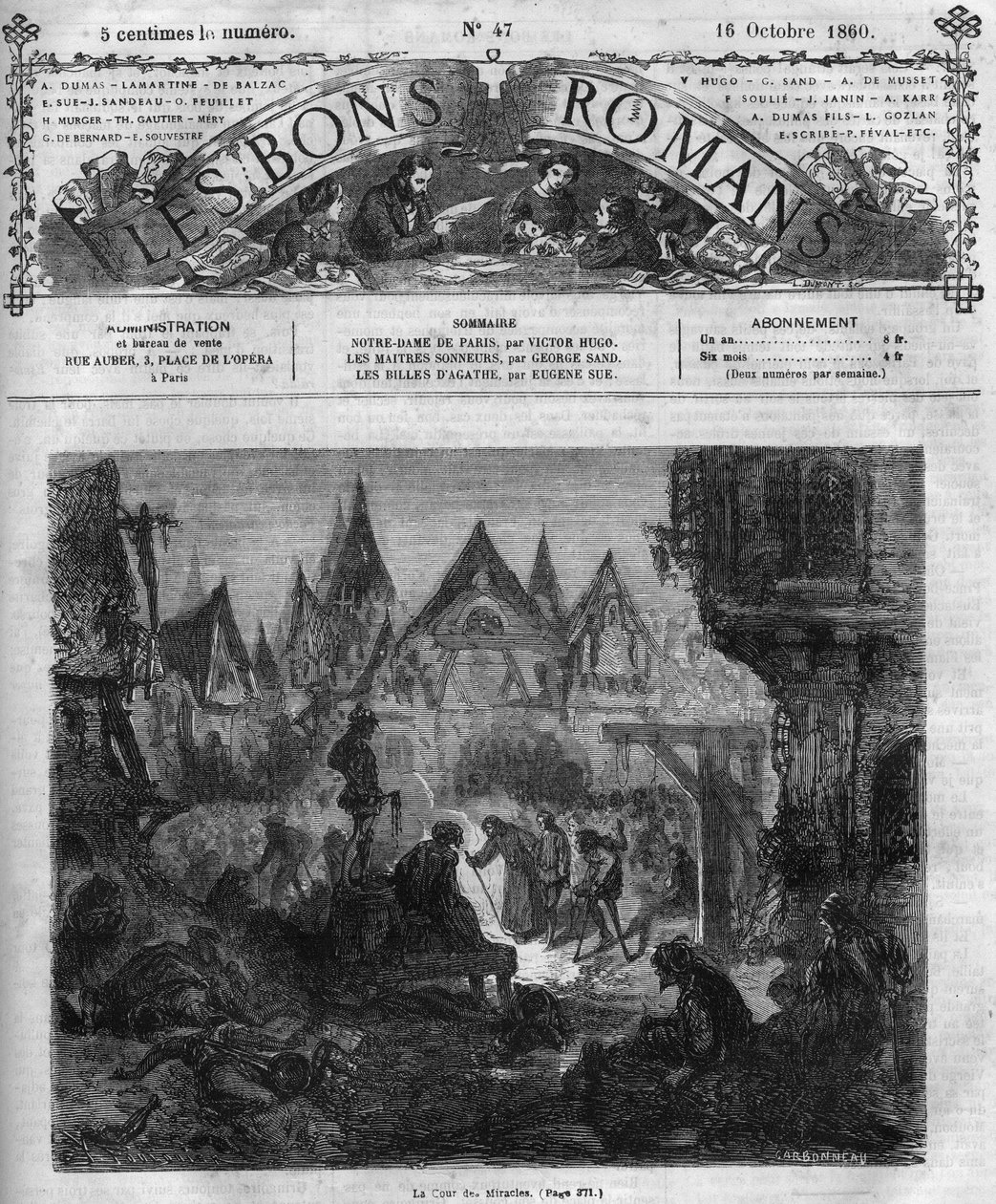 उपन्यास श्रृंखला: विक्टर ह्यूगो (1802-1885) द्वारा "नोट्रे डेम डे पेरिस"। चमत्कारों का दरबार। "" लेस बोन्स रोमांस "" में उत्कीर्णन द्वारा फ्रेंच स्कूल