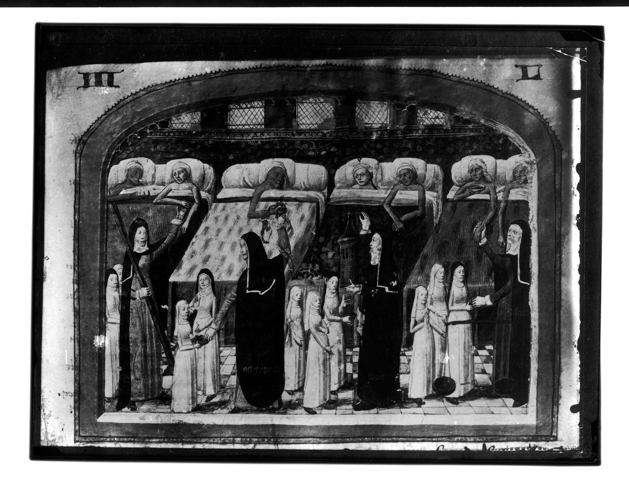 होटल Dieu, पेरिस, &39;द एक्टिव बुक ऑफ़ लाइफ़ ऑफ़ द होटल Dieu&39;, c.1482 (वेल्लुम) (163523 को भी देखें) से बीमार लोगों का झुकाव द्वारा फ्रेंच स्कूल