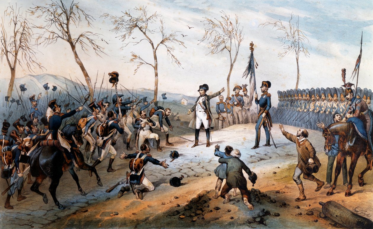 एक सौ दिन: "" नेपोलियन बोनापार्ट (1769-1821) एल्बा द्वीप पर निर्वासन से लौटते हुए 1815 - एल्बा से नेपोलियन की वापसी। द्वारा फ्रेंच स्कूल