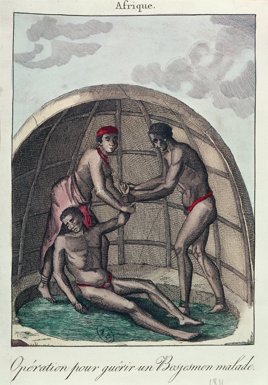 एक बीमार बुशमैन, 1811 (रंग उत्कीर्णन) को ठीक करने का ऑपरेशन द्वारा फ्रेंच स्कूल