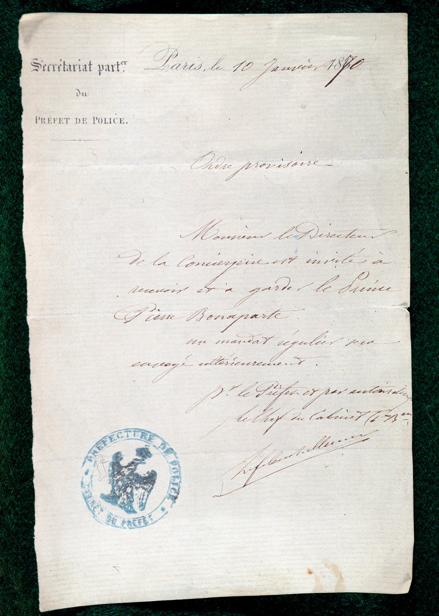 10 जनवरी को प्रिंस पियरे बोनापार्ट (1815-1881) के द्वारपाल को कैद करने का आदेश द्वारा फ्रेंच स्कूल