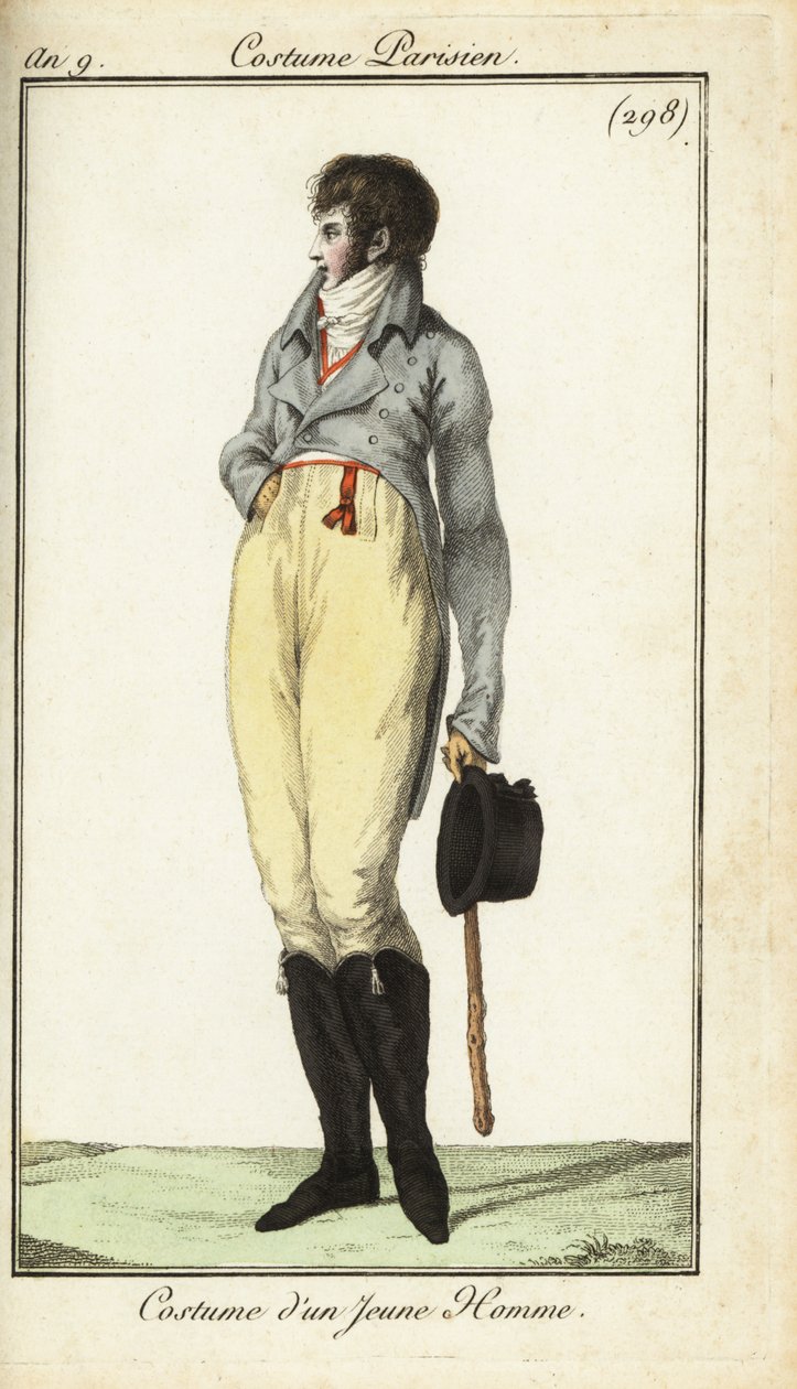एक जवान आदमी की पोशाक या Incroyable, मई 1801 (हाथ के रंग का ताम्रपत्र उत्कीर्णन) द्वारा फ्रेंच स्कूल