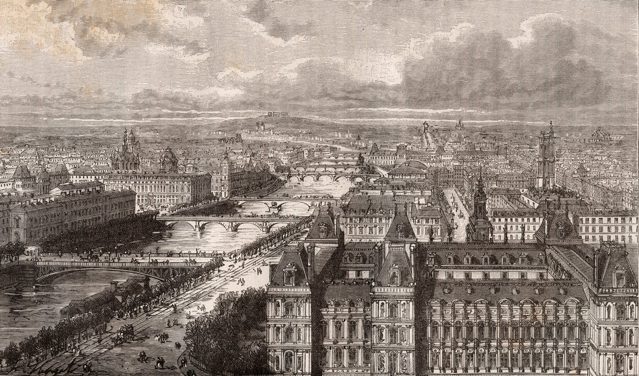 पेरिस - सीन - लेस पोंट्स - सेंट-गेरवाइस टॉवर से लिया गया दृश्य - वी.-ए द्वारा "ला फ्रांस इलस्ट्रे: भूगोल, इतिहास, सांख्यिकीय प्रशासन" में उत्कीर्णन। माल्ट-ब्राउन। १८८४ द्वारा फ्रेंच स्कूल