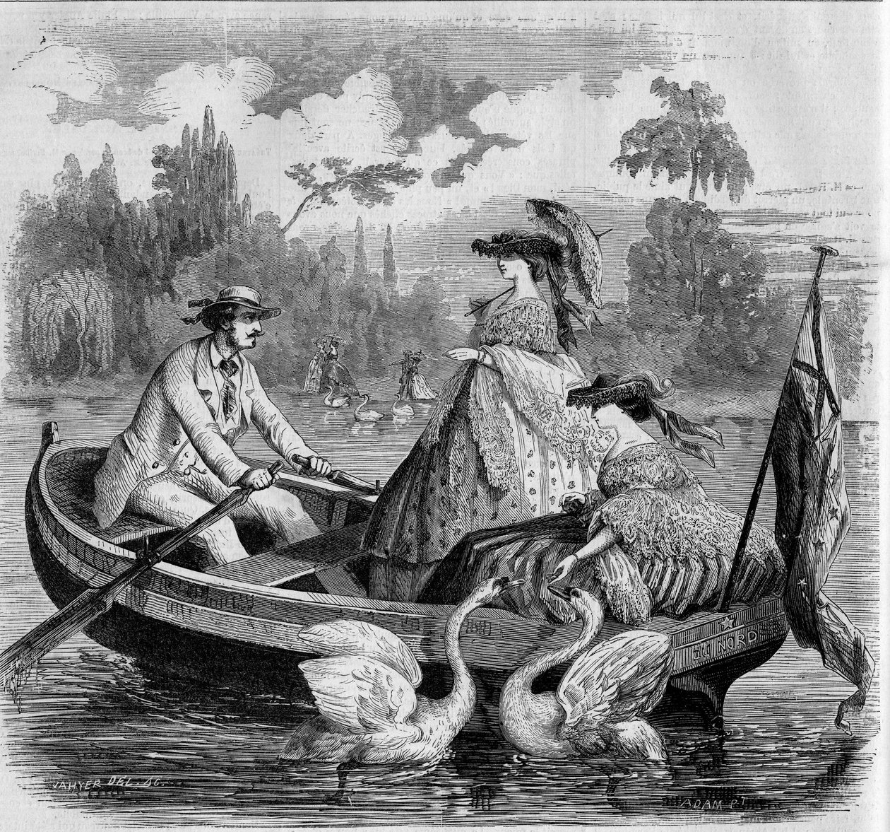 पेरिसियन मोड, ग्रीष्म 1857: एक झील पर नाव की सवारी। 26 सितंबर 1857 के "" ले मोंडे इलस्ट्र्रे"" एन ° 24 में उत्कीर्णन। द्वारा फ्रेंच स्कूल