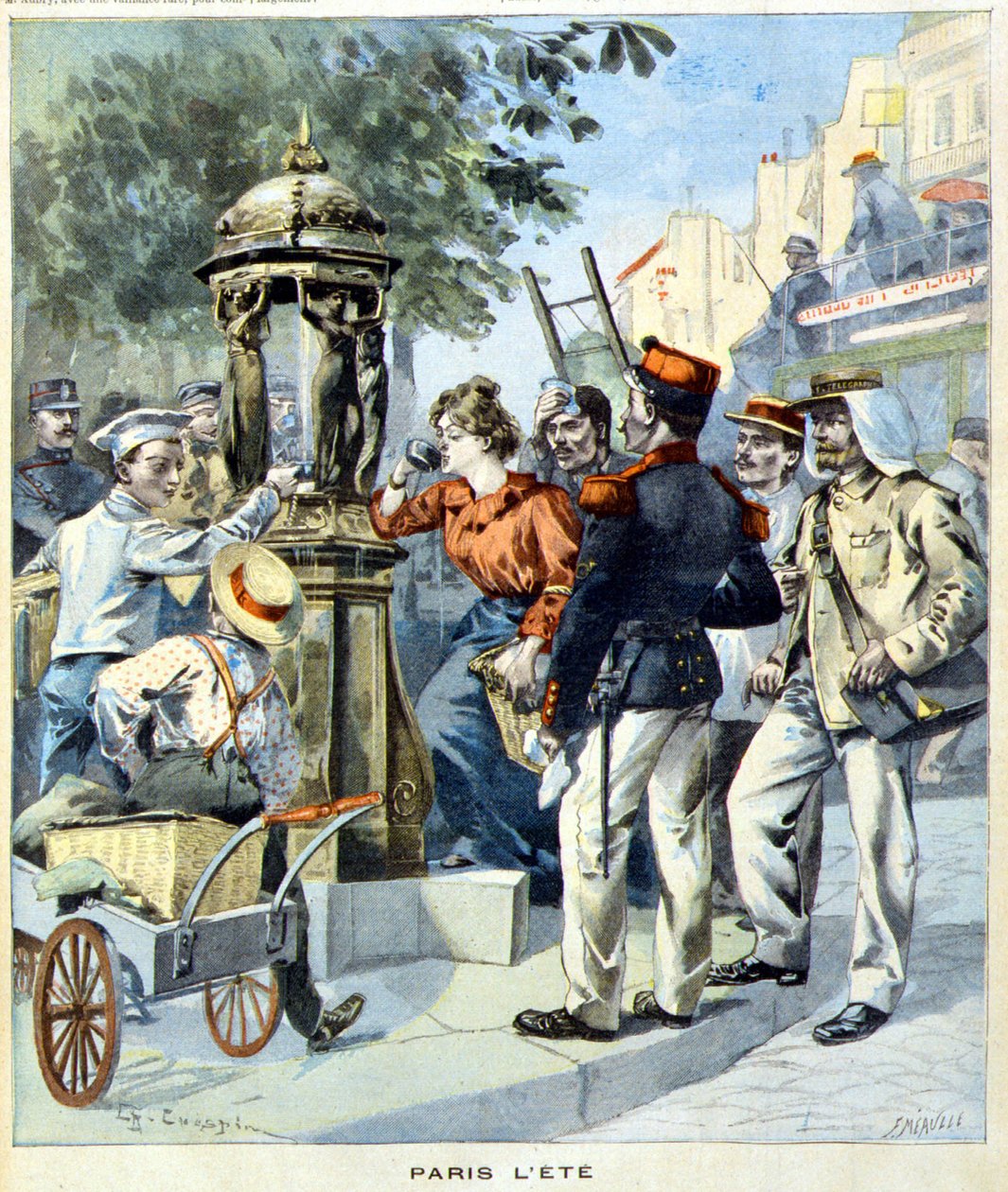 19/08/1900 के "ले पेटिट जर्नल" में एक वालेस फव्वारे के आसपास शराब पीते हुए पेरिसवासी (उत्कीर्णन) द्वारा फ्रेंच स्कूल