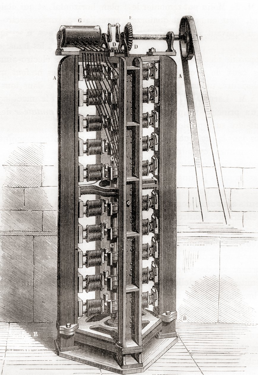 पॉल-गुस्ताव फ्रॉमेन्ट्स वर्टिकल इलेक्ट्रो मोटर, c.1844, Les Merveilles de la Science से, प्रकाशित c.1870 (उत्कीर्णन) द्वारा फ्रेंच स्कूल