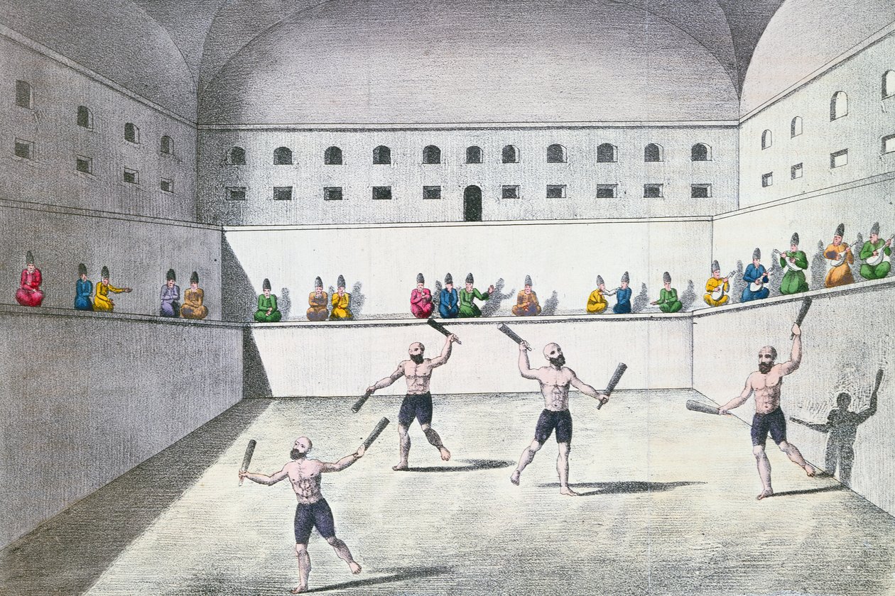 जिम्नेजियम में व्यायाम करने वाले फारसी एथलीट, c.1820 (रंग उत्कीर्णन) द्वारा फ्रेंच स्कूल