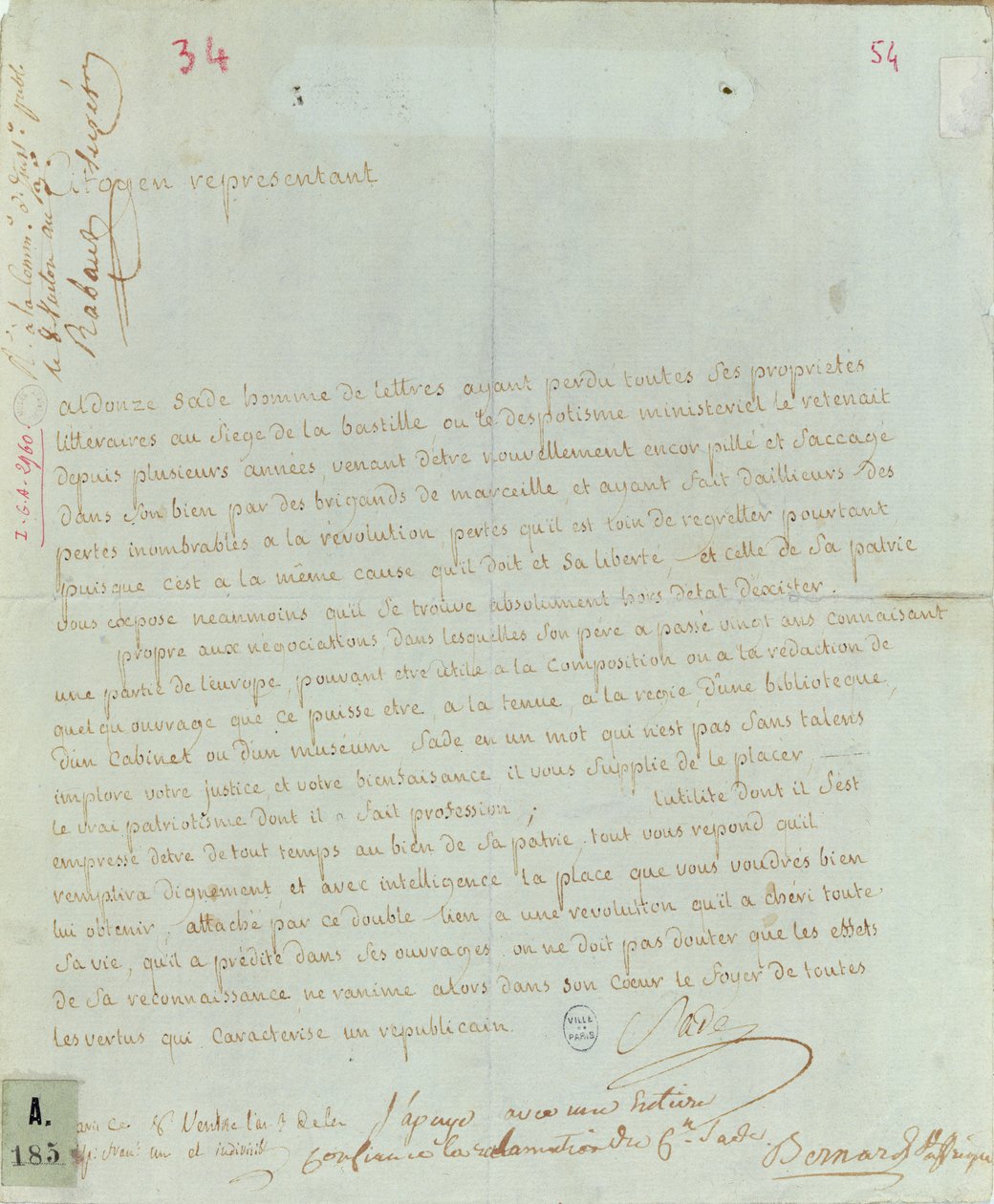1794-95 रोजगार के लिए Aldonze Sade द्वारा याचिका (कागज पर कलम और स्याही) द्वारा फ्रेंच स्कूल