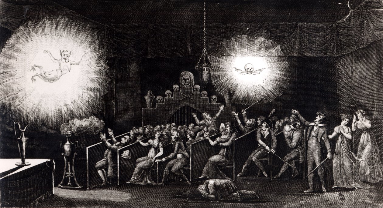 फैंटमसागोरिया, एटिने गैस्पर्ड रॉबर्टसन (1763-1837), पेरिस, 1831 द्वारा वैज्ञानिक और पूर्वकाल के मनोरंजक संस्मरण द्वारा फ्रेंच स्कूल