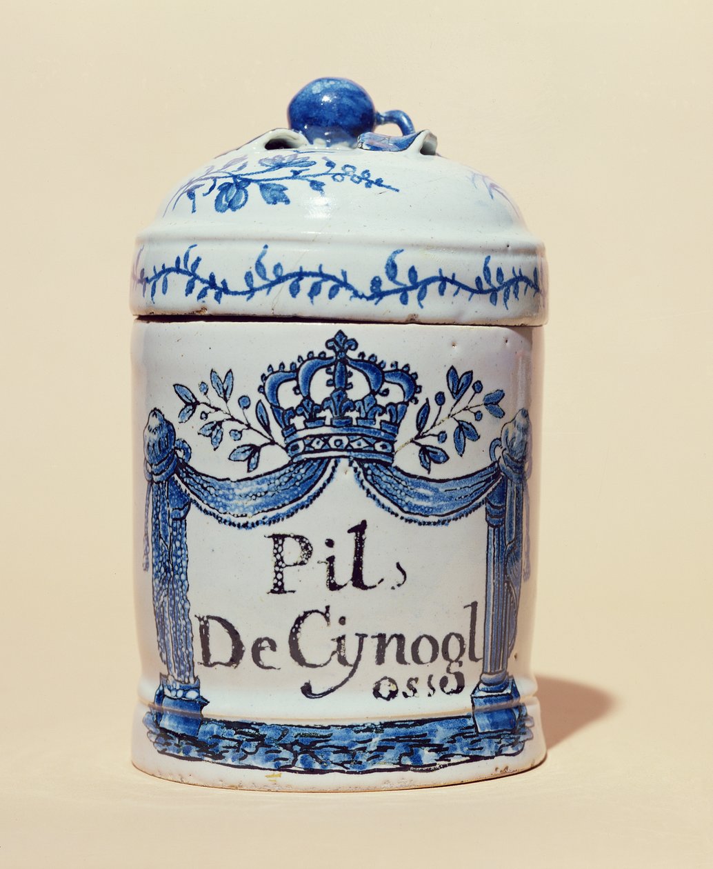 Cynoglossum टैबलेट के लिए फार्मास्यूटिकल जार, c.1700 (सिरेमिक) द्वारा फ्रेंच स्कूल