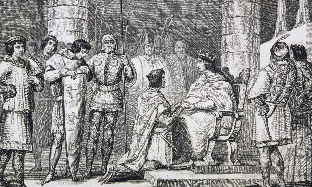 फिलिप VI (1293-1350) डी वाल्इस इंग्लैंड के एडवर्ड III (1312-77) को श्रद्धांजलि देते हैं लेकिन केवल कोलतार द्वारा &39;हिस्टोइरे डी फ्रांस&39; से एक्वायटाइन के ड्यूक के रूप में प्रकाशित, c.1840 प्रकाशित द्वारा फ्रेंच स्कूल