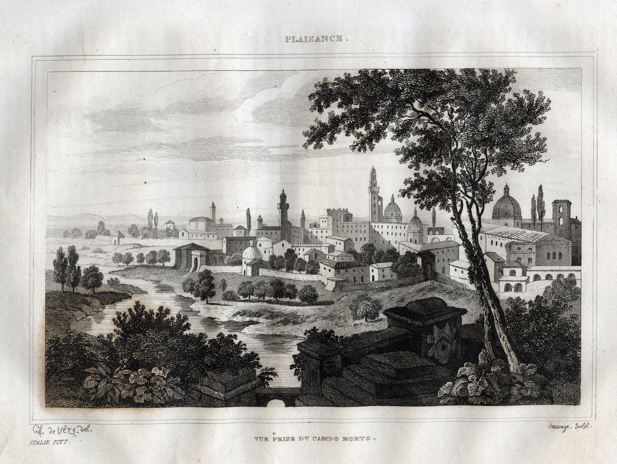 Piacenza - Plaisance - M. de Norvins, Ch द्वारा "" सुरम्य इटली "" से उत्कीर्णन। नोडियर 1834-1836। द्वारा फ्रेंच स्कूल