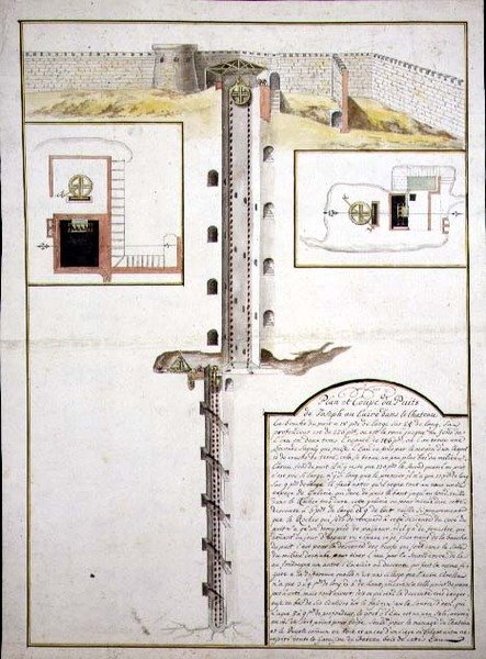 एक कुएं की योजना और क्रॉस-सेक्शन, c.1700 (कागज पर पानी के रंग का) द्वारा फ्रेंच स्कूल