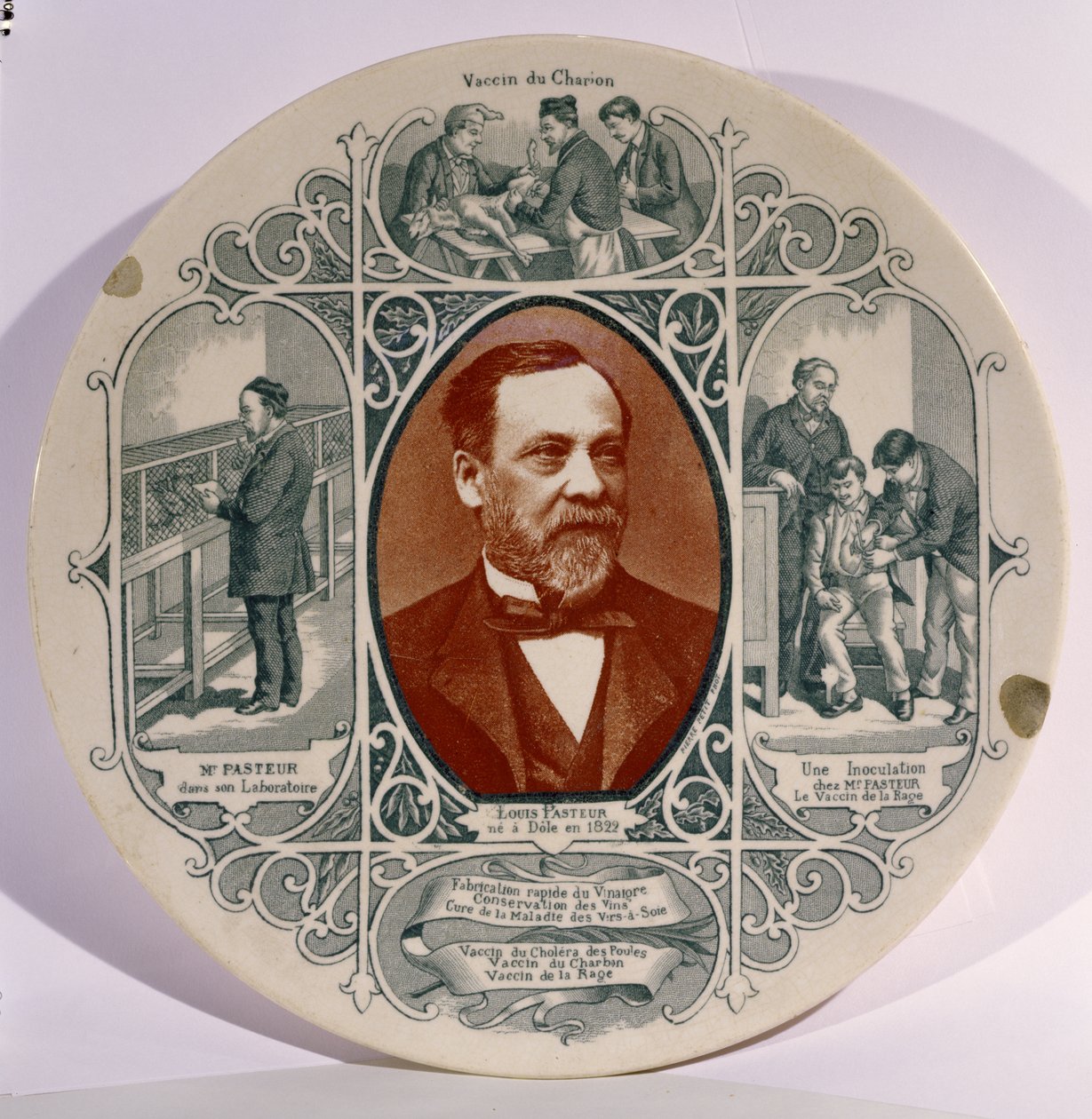 पियरे पेटिट (1832-1909) द्वारा लुई पाश्चर (1822-95) की तस्वीर वाली प्लेट, और उनके जीवन के दृश्य द्वारा फ्रेंच स्कूल
