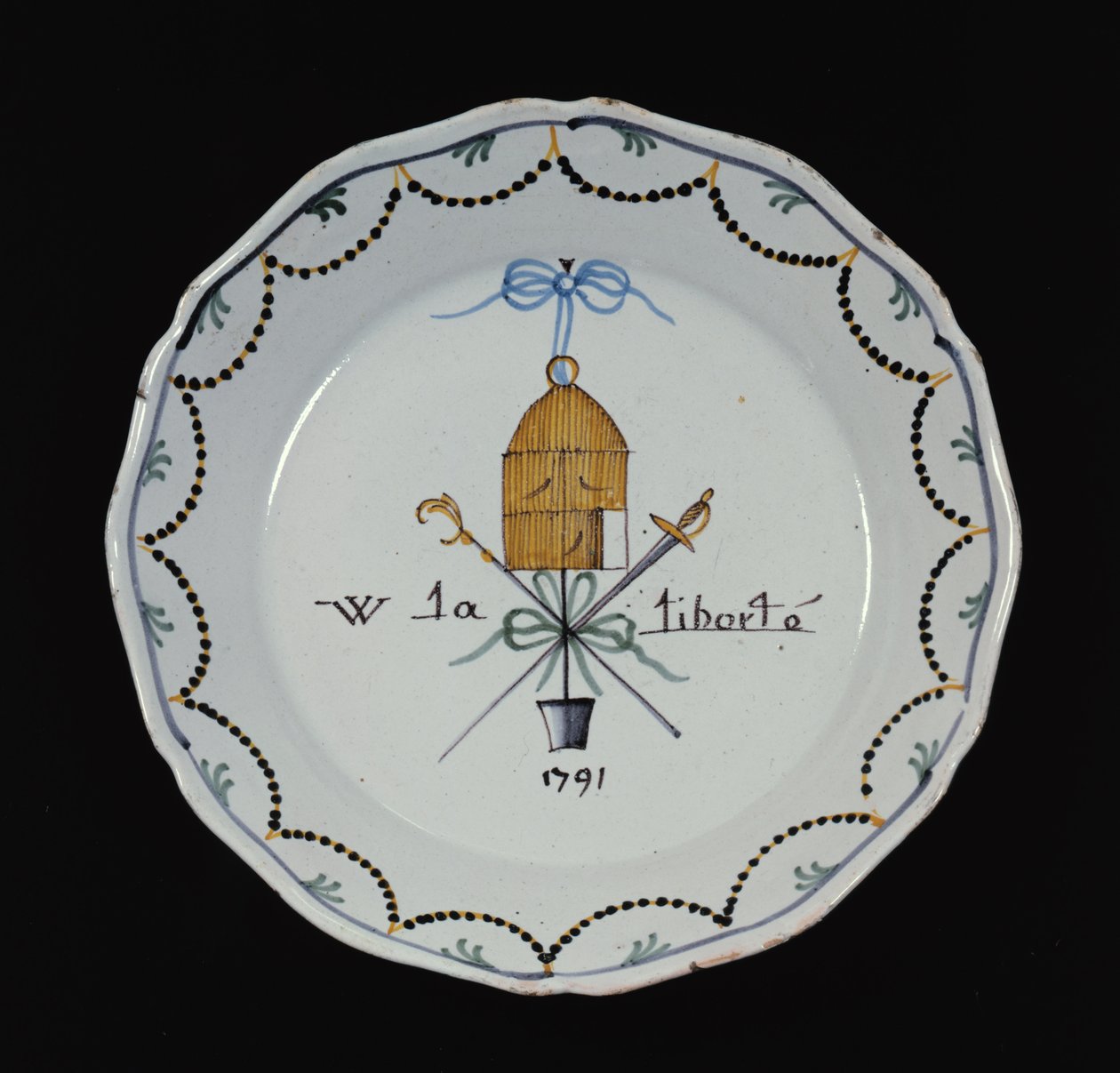 एक खुले पक्षी के पिंजरे के साथ प्लेट और किंवदंती विवे ला लिबर्टे, 1791 (सिरेमिक) द्वारा फ्रेंच स्कूल
