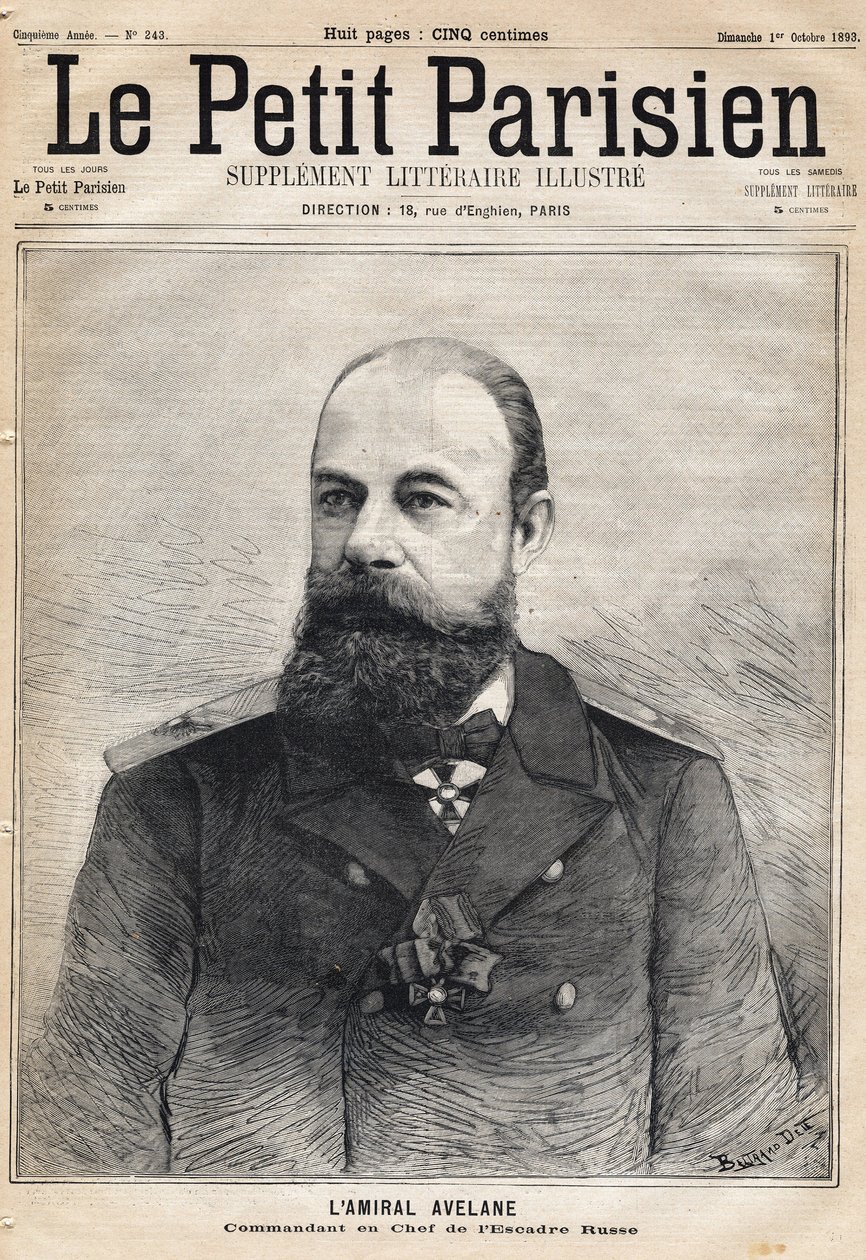 रूसी स्क्वाड्रन के एडमिरल एवलेन कमांडर का पोर्ट्रेट। 1/10/1893 को "ले पेटिट पेरिसियन" समाचार पत्र में से एक। द्वारा फ्रेंच स्कूल